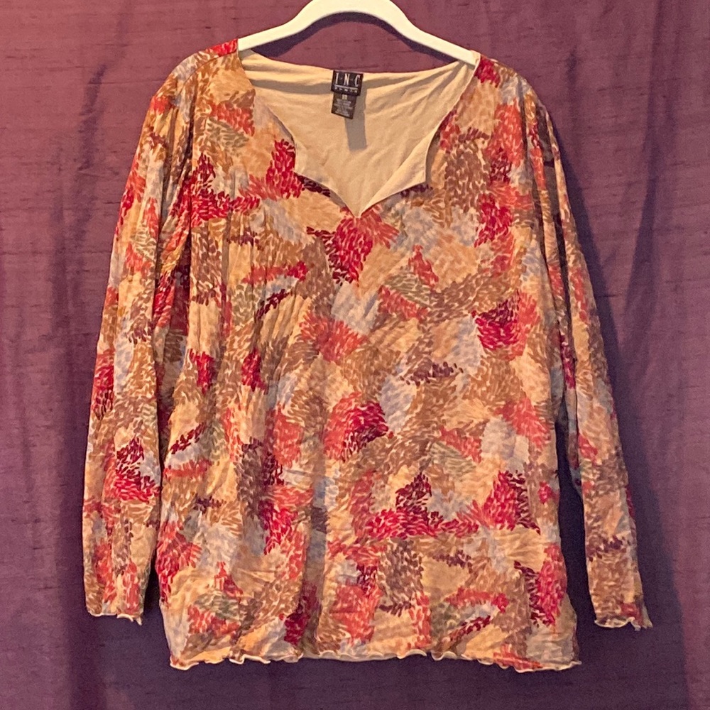 Patterned Split Neck Tunic With Curled Edge - image 1